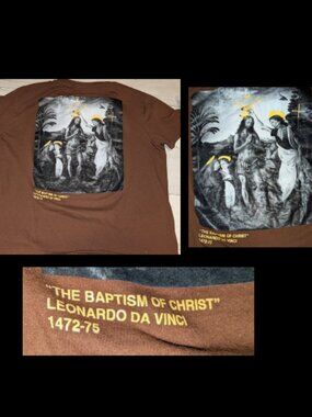 Mens Brown The Baptism of Christ Leonardo Da Vinci Art T Shirt Size XL